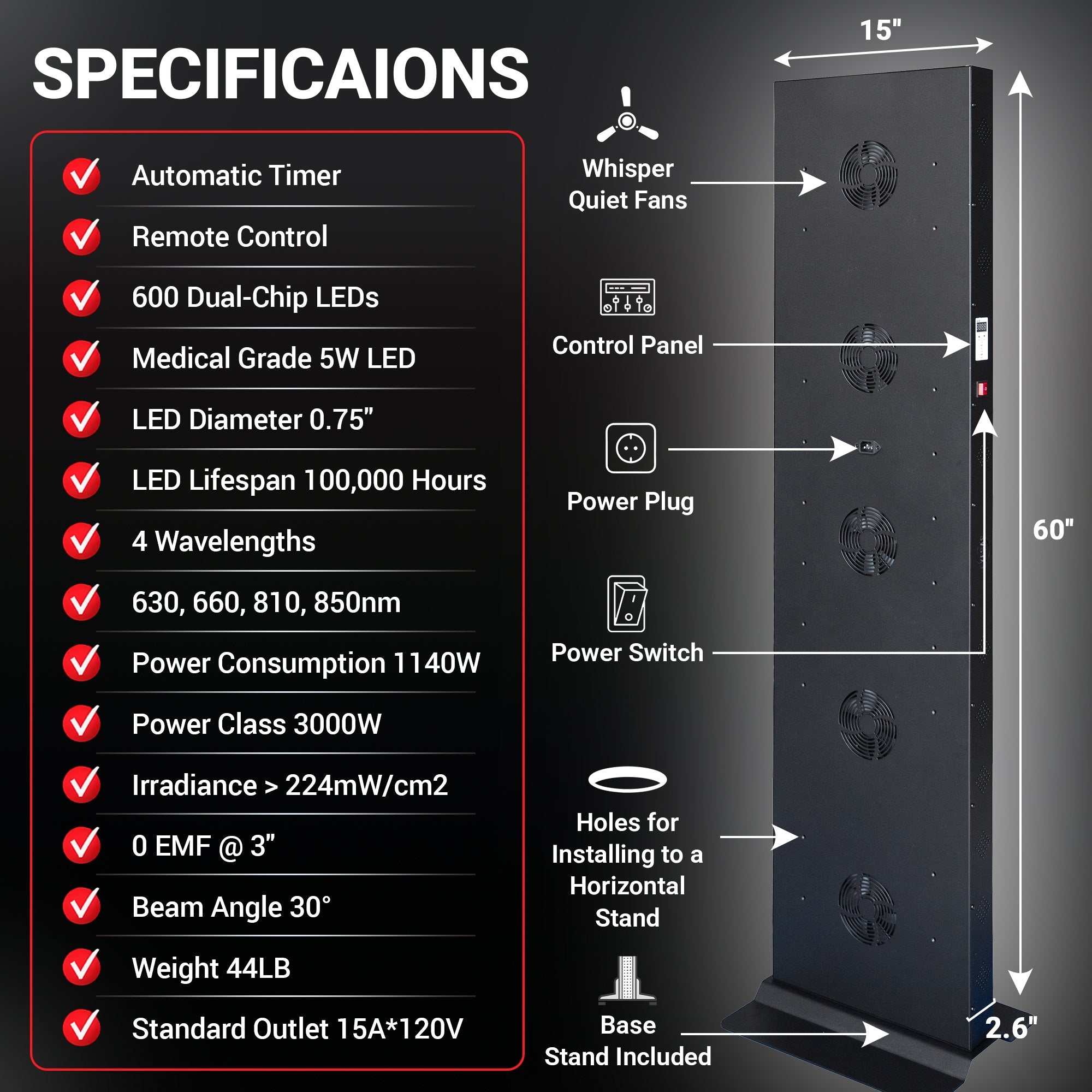 Full-Spectrum Red Light Therapy Panel — 600 LED, 3000W